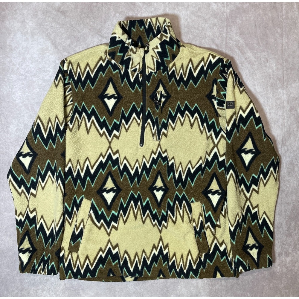 Billabong Boundary Fleece Jacket Mens Large Yellow Abstract Shockwave Hiking USA